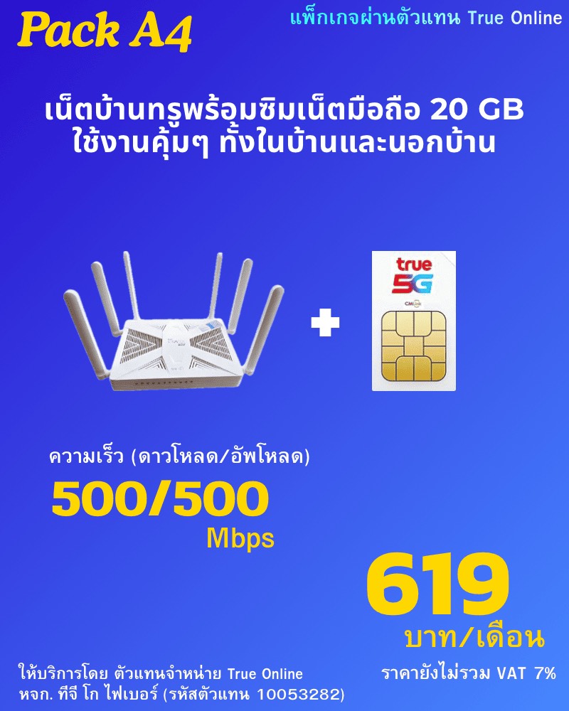 โปรเน็ตบ้านทรูพร้อมซิมเน็ตมือถือ 20 GB 500/500 Mbps ราคา 619 บาท